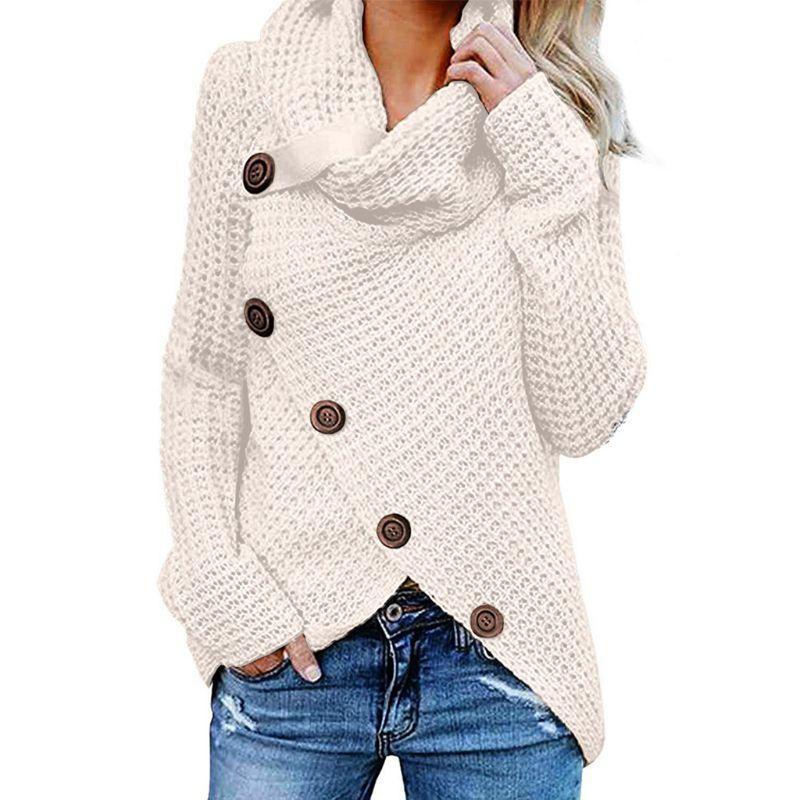 Cowl neck knit jumper with button detail and asymmetric hem, front view
