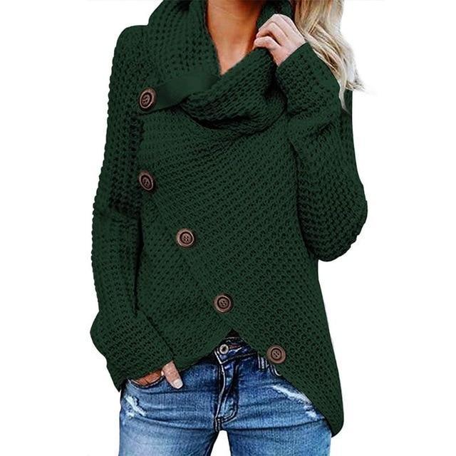 Cowl neck knit jumper with button detail and asymmetric hem
