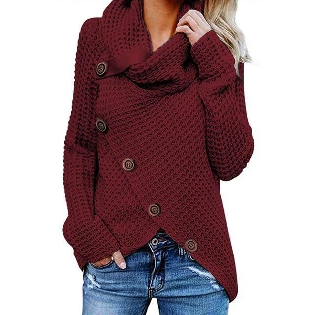 Cowl neck knit jumper with button detail and asymmetric hem