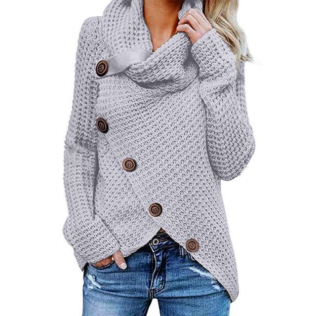 Cowl neck knit jumper with button detail and asymmetric hem