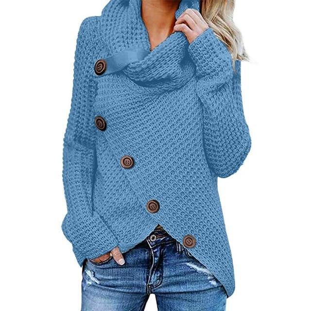 Cowl neck knit jumper with button detail and asymmetric hem