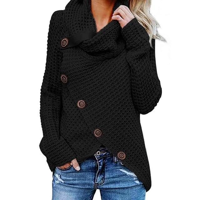 Cowl neck knit jumper with button detail and asymmetric hem
