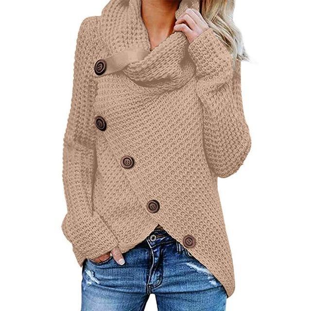 Cowl neck knit jumper with button detail and asymmetric hem