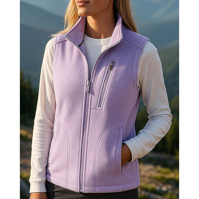 Purple fleece gilet with zip front and stand collar