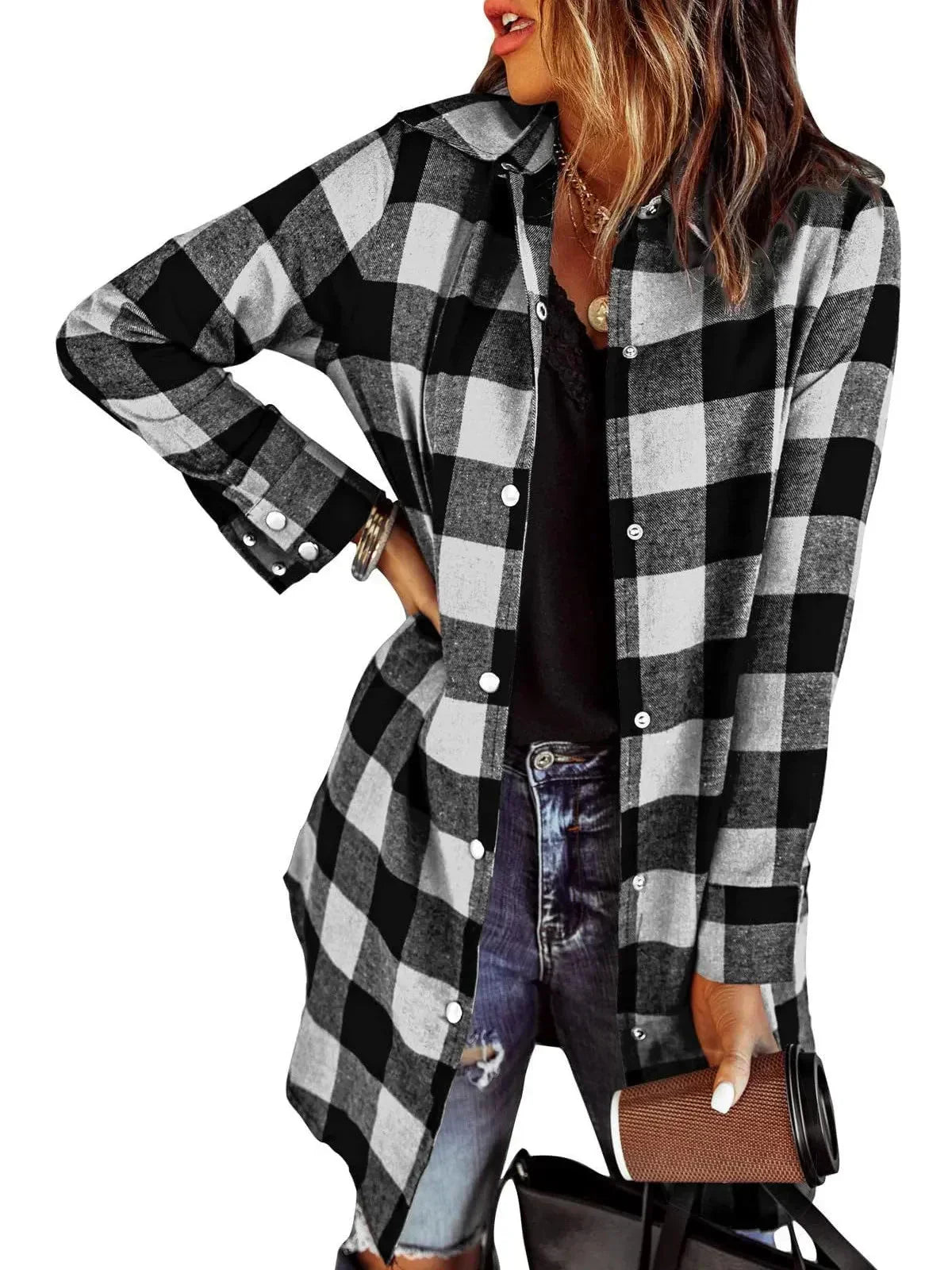 Women's Checked Jacket | Long Sleeve & Button Front 6