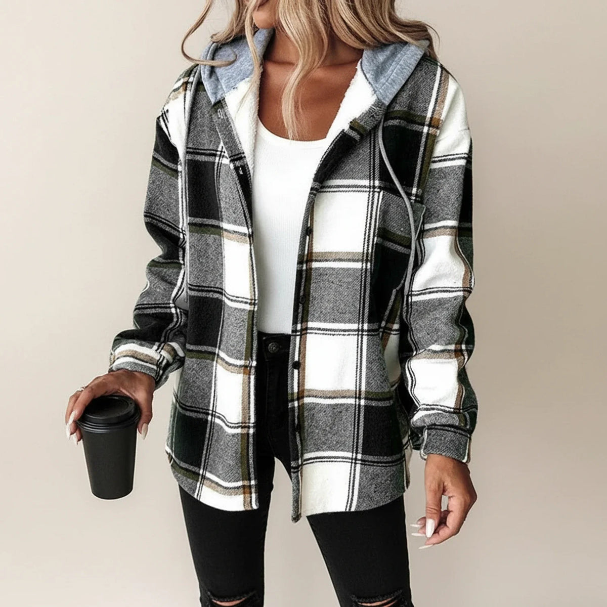 Women's Plaid Hooded Shirt Jacket | Warm & Versatile 3