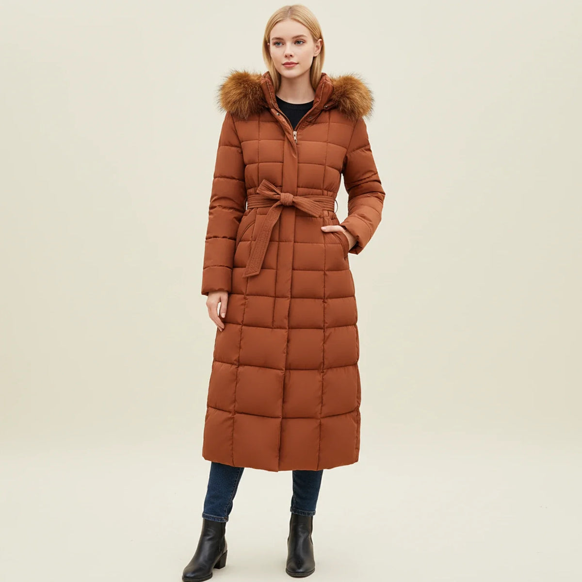 Women's Hooded Puffer Jacket | Belted Waist & Warm 1