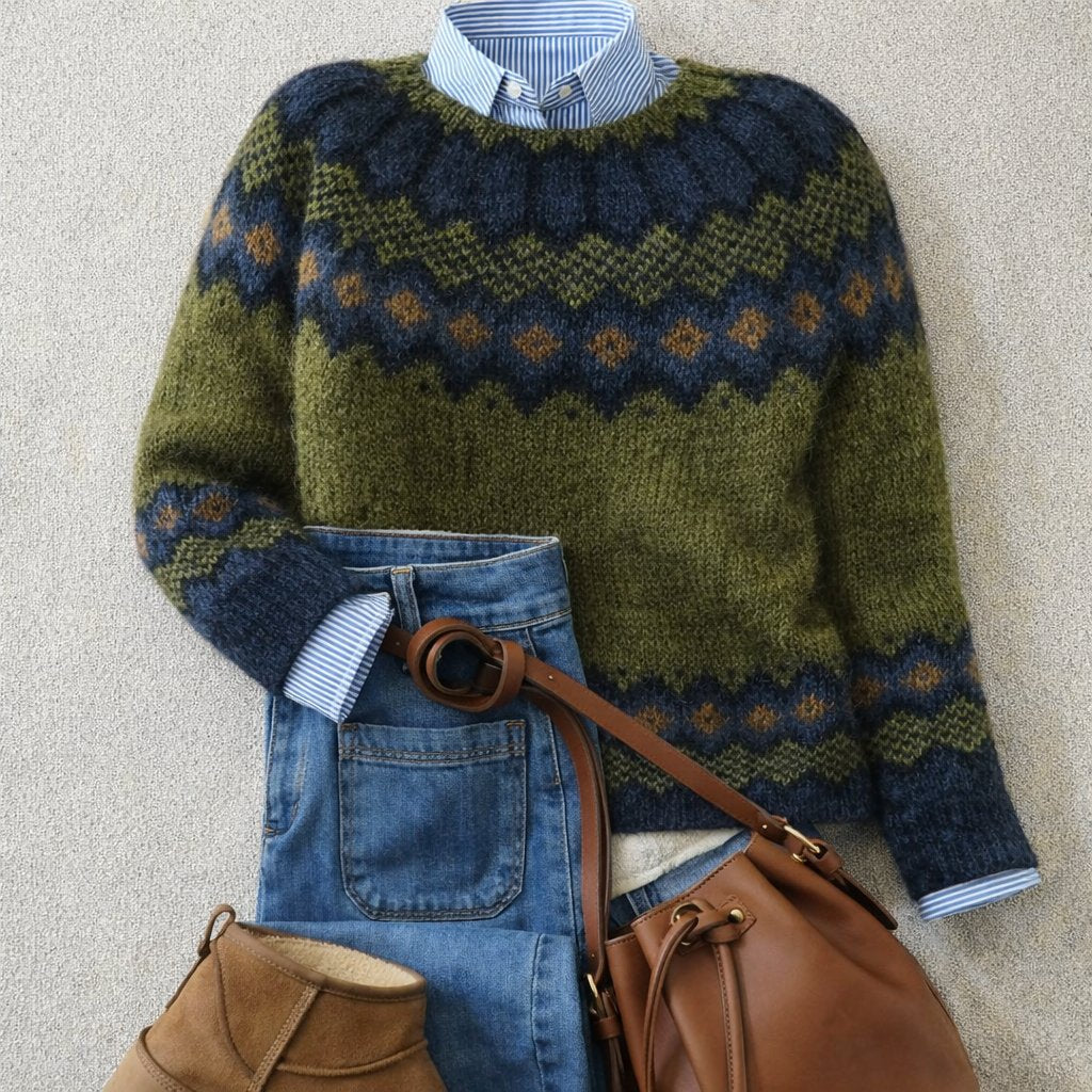 Women's Fair Isle Nordic Knit Crewneck Pullover Sweater - Green