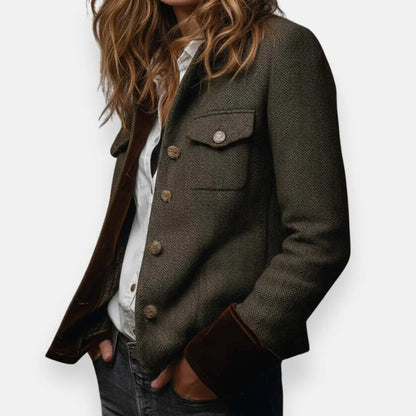 Quilted jacket with utility chest pockets and cord trim