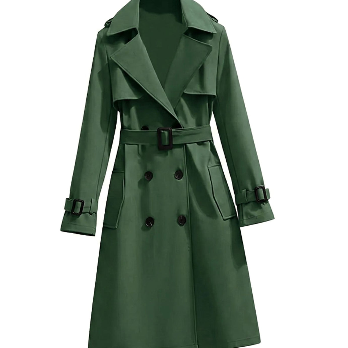 Longline double breasted winter coat with notch lapel, front view