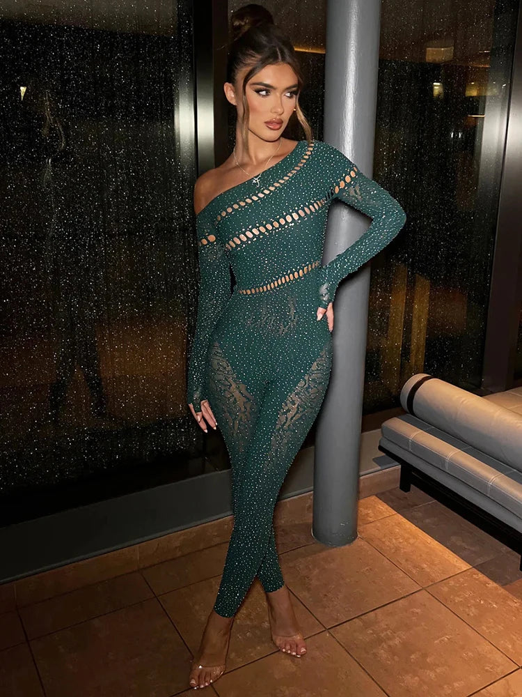 Women’s Rhinestone Off-Shoulder Jumpsuit | Stretch Fabric for Night Out