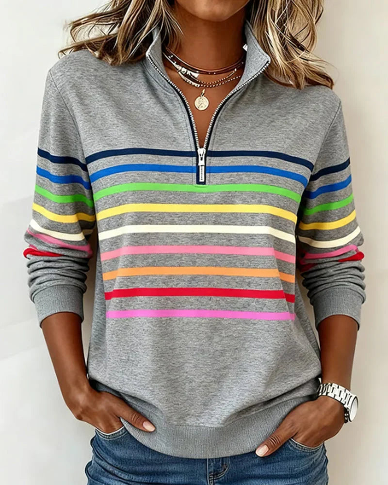 Women's Striped Sweatshirt | Half-Zip Collar