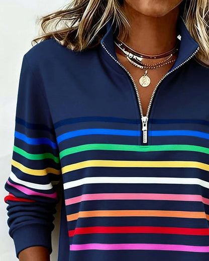 Women's Striped Sweatshirt | Half-Zip Collar