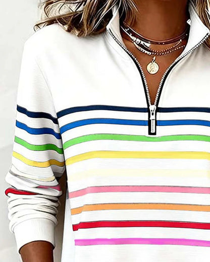 Women's Striped Sweatshirt | Half-Zip Collar
