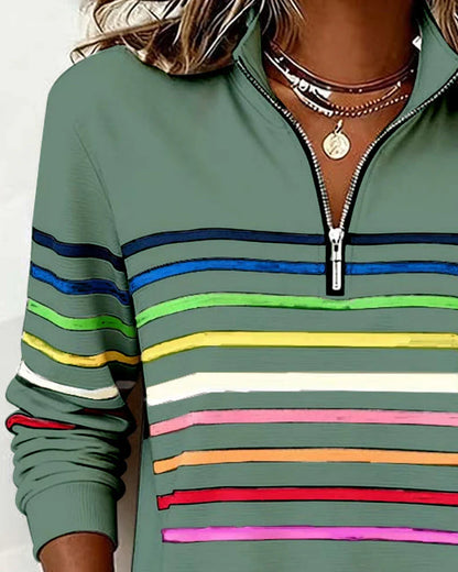 Women's Striped Sweatshirt | Half-Zip Collar